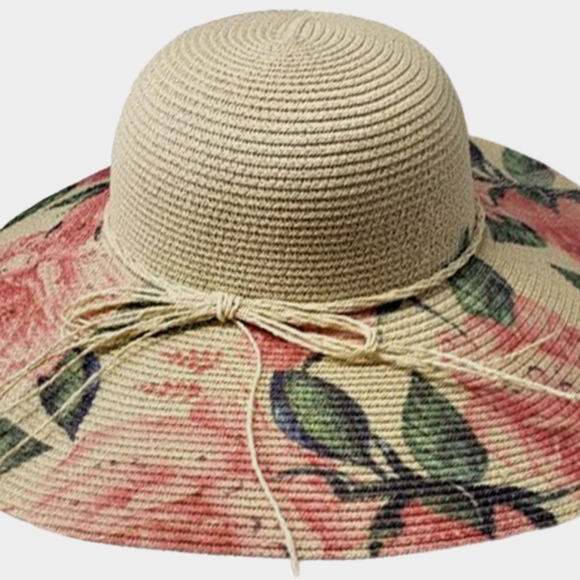 Tan Flower Floppy Straw Sun Hat Brim Womens Beach Vacation Fashion Accessory - Picture 3 of 3